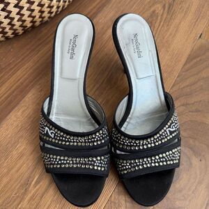 Nero Giardini Italy 3” Heel Mules Bling Logo Black Satin $270 39